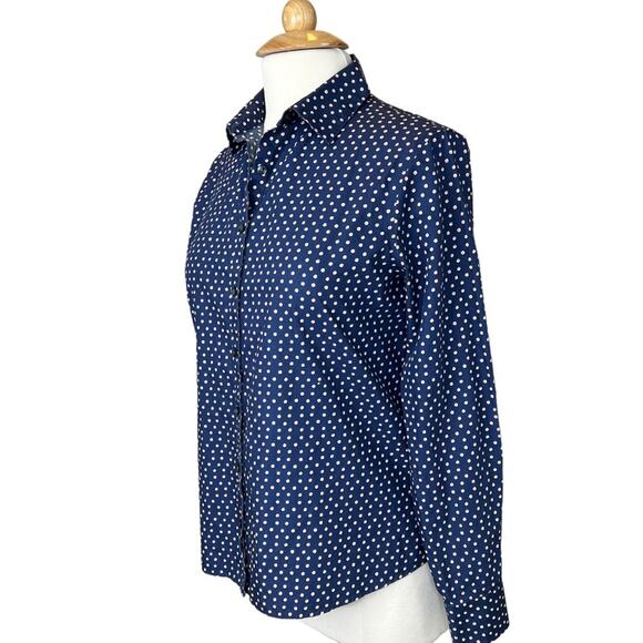 Lands' End Womens Navy Polka Dot No-Iron Supima Cotton Button-Up Shirt 10 - Picture 4 of 10